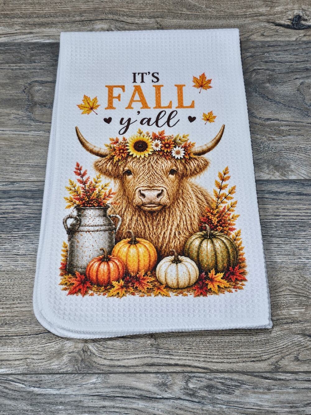 It's Fall Y'all Highland Cow Kitchen Towel Farmhouse Autumn Decor